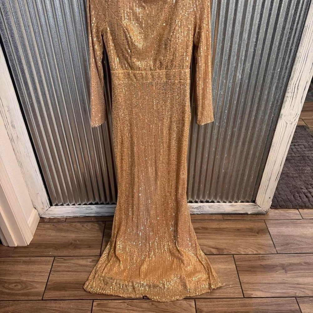 Miss Ord Gold Sequin Evening Dress V-Neck 3/4 Sleeve Women's Size S Formal Gown